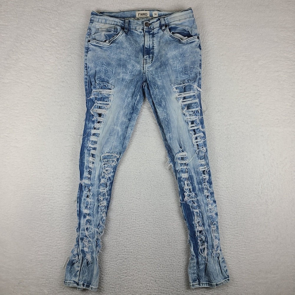 FWRD Jeans Mens 34x32 Blue Skinny Distress Light‎ Wash Denim *